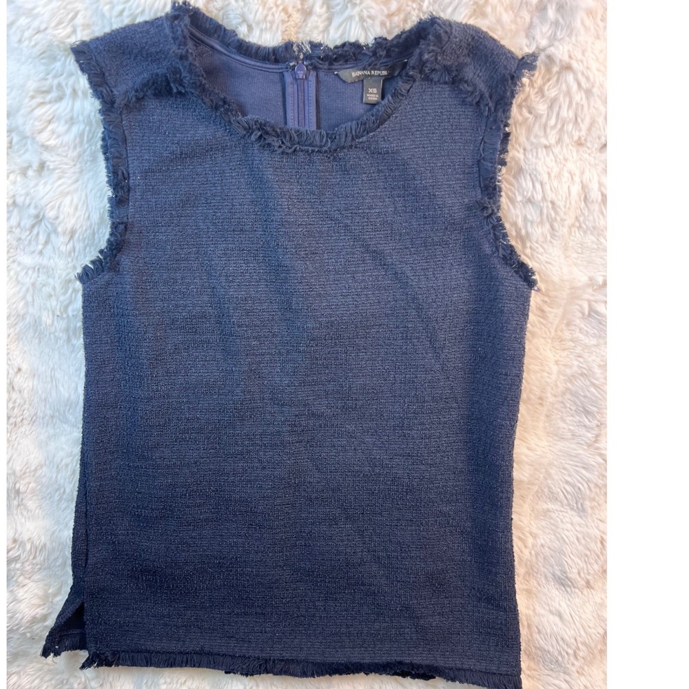 Banana Republic Navy Blue Tweed Fringe Sleeveless Top Back Zip XS.  A38